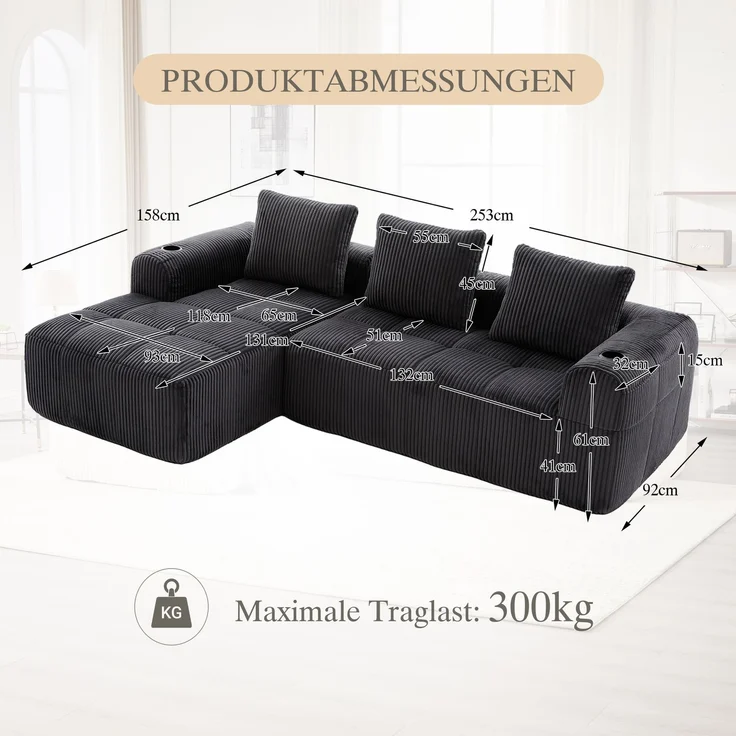 LVHOM Ecksofa 3 sitzer, Bodensofa mit Seitentaschen und Getränkehalter, Polstersofa aus Cordstoff, frei Kombination, Modulares Chaiselongue-Sofa-Set, 253x158x61 cm – Bild 7