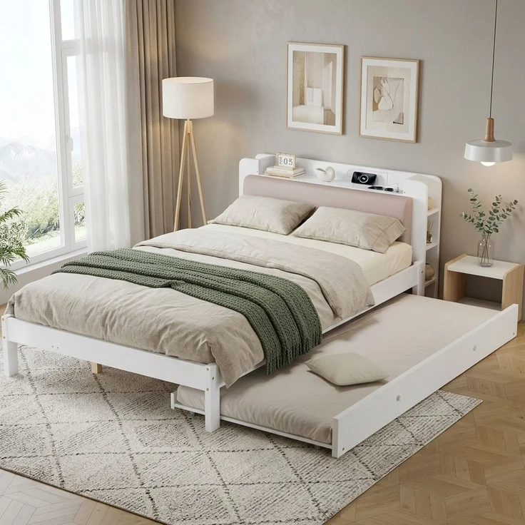 EINHOM Funktionsbett 120 × 200 cm Weiß mit Ausziehbett 90 × 190 cm, Holzbett mit gepolstertem Kopfteil, Kopfteilregal, Ladestation und offenem Stauraum, platzsparendes Gästebett (Ohne Matratze) – Bild 5