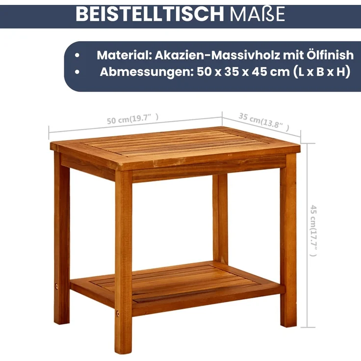 DELUKE® Beistelltisch Holz EMMI - Massivholz, 50x35x45cm | Couchtisch Akazie Beistelltisch Couch Holztisch Outdoor Sofatisch Gartentisch eckig – Bild 3