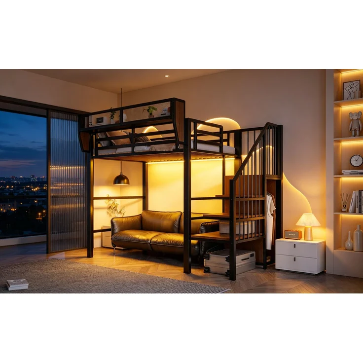 ZUBALIYA Hochbett 90 × 200 cm, Metall, LED-Beleuchtung, Leiter, Schwarz – Bild 21