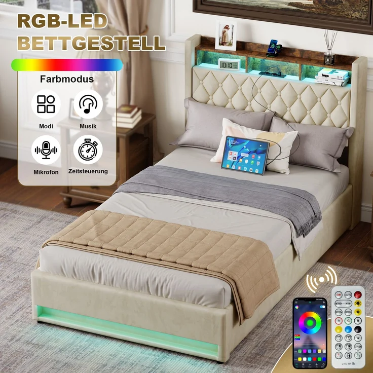 Polsterbett 140x190 cm, Beige, mit Lattenrost, schlichtes Design (ohne Matratze) – Bild 7