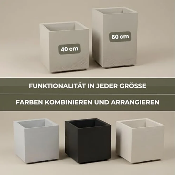 LAMELA Pflanzkübel mit Rollen 40 cm, 36L – Blumentopf aus Kunststoff in Holzoptik – Übertopf mit Wasserablauf – Modern für Innen & Außen - Wetterfest & Pflegeleicht, Hellgrau – Bild 7
