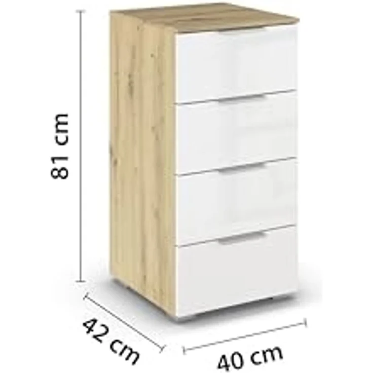 Rauch Möbel Alabama, Kommode für Schlafzimmer, Kinderzimmer, Garderobe, Flur, mit 4 Schubladen, Soft-Close-Funktion, Farbe Weiß Hochglanz/Eiche Artisan, Holz, Griff Alufarben, Maße 40 x 81 x 42 cm – Bild 3