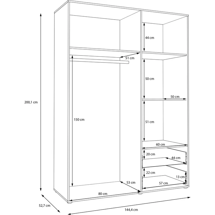Forte MOKKARO Kleiderschrank 140 150, moderner Drehtürenschrank, 3-türig, 2 Schubladen, Spiegel, Mauvella Eiche Holzdekor|Kaschmir Beige, 144,4 cm breit x 200,1 cm hoch x 52,7 cm tief – Bild 7