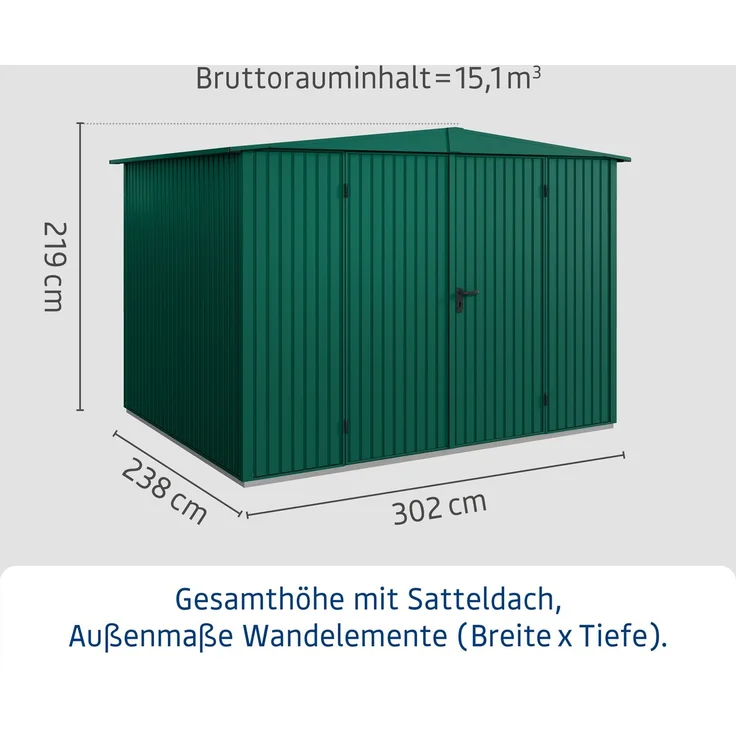 Hörmann Ecostar Metall-Gerätehaus Trend mit Satteldach Typ 3, 238x303 cm , moosgrün, 7,2 m²,2-flüglige Tür – Bild 5
