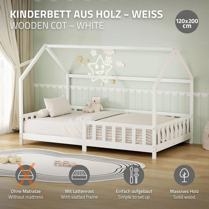 ML-DESIGN Spielbett Hausbett Kinderbett inkl. Lattenrost kreativ Bodenbett für Kinder, Abenteuerbett zum Spielen mit Rausfallschutz Kiefer Weiß Himmelbett – Bild 2