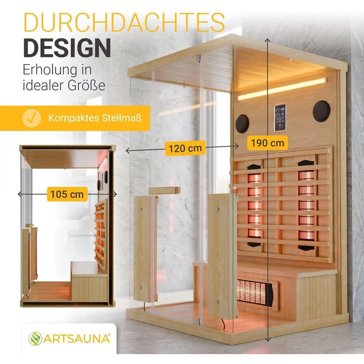 Artsauna Infrarotkabine Göteborg 120 – Natur, Wärmekabine mit Vollspektrumstrahlern, Hemlockholz & Sicherheitsglas, LED-Beleuchtung – Bild 7