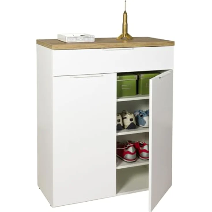 Carryhome Schuhschrank Eiche Artisan, Weiß Hochglanz, 3 Fächer, 1 Schublade, 82.3x102x35.2 cm, stehend, FSC Mix – Bild 1
