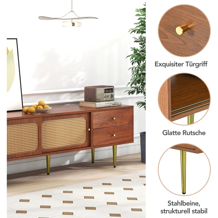 TV-Schrank, 160x40x60 cm, Walnuss-TV-Schrank mit Rattan-Schiebetüren, 2 Schubladen & Metallfüßen – Bild 8