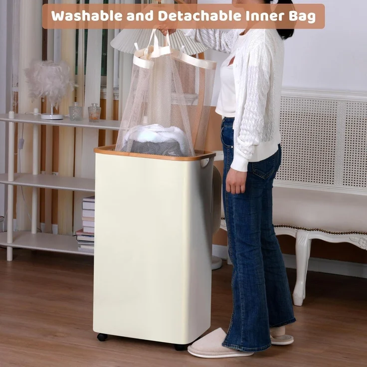 iEGrow 110L Wäschekorb Rollen Deckel Bambusgriff Beige – Bild 4