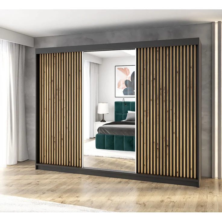 A&J MöbelLand Schwebetürenschrank FARA 200 cm, mit 4 Schubladen, Spiegel, 3D Lamellen – Bild 1
