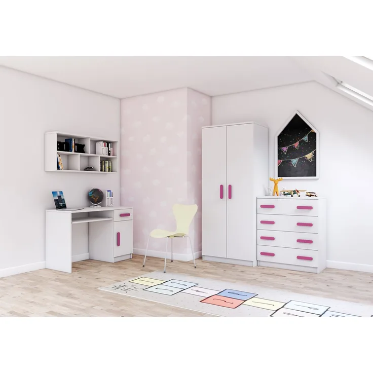 Jugendzimmer Elora 4 teilig in Weiß – mit Schreibtisch, Kommode, Wandregal und Schrank – in 8 verschiedenen Grifffarben wählbar - 4 teilig , Rosa