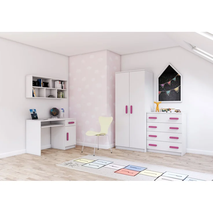 Jugendzimmer Elora 4 teilig in Weiß – mit Schreibtisch, Kommode, Wandregal und Schrank – in 8 verschiedenen Grifffarben wählbar - 4 teilig , Rosa