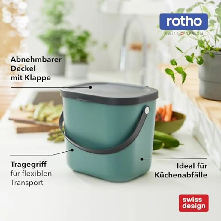 ROTHO Biomülleimer Albula 2er-Set Komposteimer 6l – kompakte Müllbehälter ideal für Küche, Stapelbar, mit Griff & Deckel – 6 l Recycling-Set für jeden Raum – Bild 7