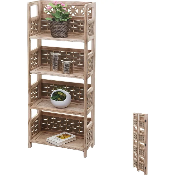 Regal HWC-K86, Standregal Wohnregal, klappbar 4 Ablagen, Holz 110cm ~ braun, Geflecht braun