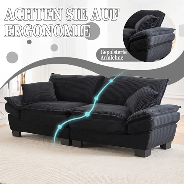 Ball & Cast Couch mit Schlaffunktion, Samt Sofa 2 Sitzer mit Kissen für das Wohnzimmer Wohnung Schlafzimmer, 224 x 81 x 81 (BxHxT), Schwarz – Bild 6