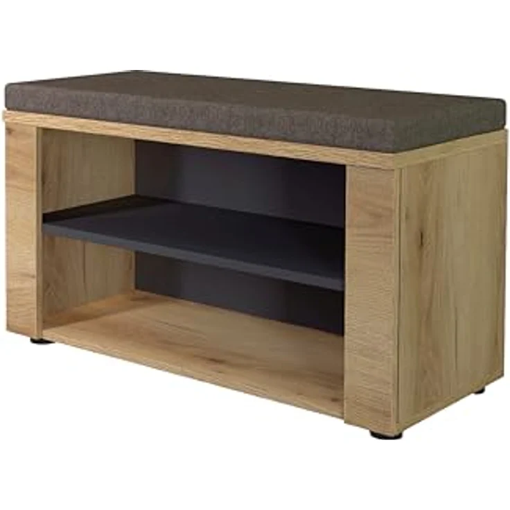 Fargo Sitzbank mit 2 offenen Fächern und Sitzkissen – FSC-Zertifiziert – Moderne Flurbank mit Stoffbezug in Graubraun meliert – 80 x 48 x 38 cm (B/H/T) – Bild 1