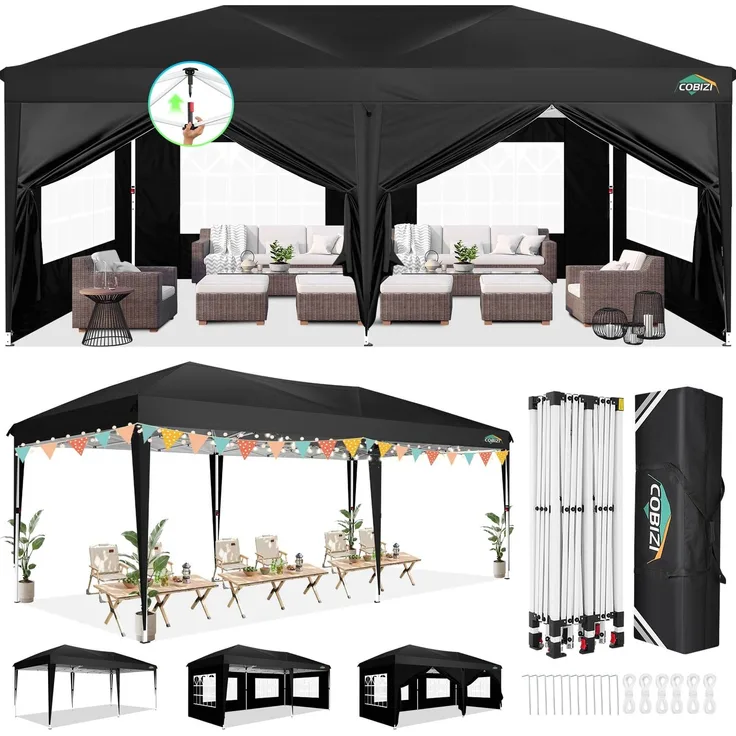 COBIZI Faltpavillon mit 6 Seitenwänden Wasserdicht Stabil Winterfest, Outdoor Faltbarer Zelt Pavillon, Faltzelt Pop up Pavillion, UPF 50+ UV-Schutz Festzelt mit Tragetasche für Garten Party, Schwarz