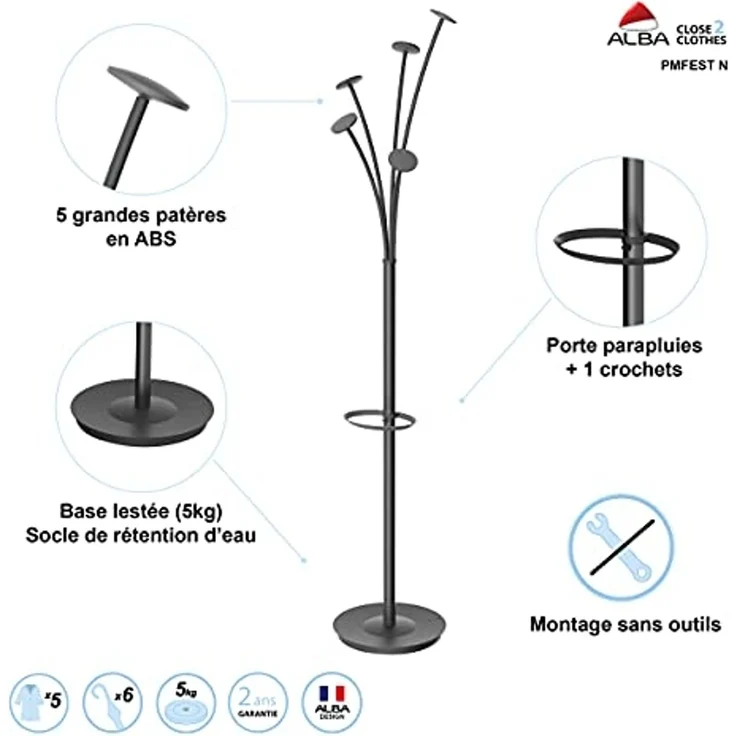 ALBA Garderobenständer FESTIVAL Höhe: 1.870 mm schwarz Standrohr aus Stahl Durchmesser: 38 mm Standfuß aus - 1 Stück (PMFEST N) – Bild 4