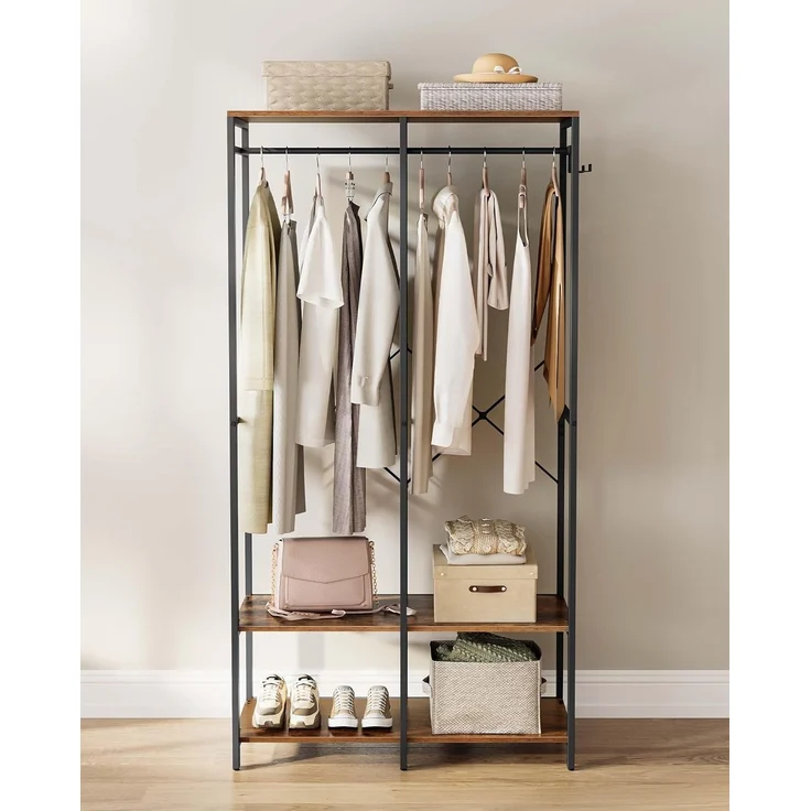 SONGMICS Kleiderschrank offen, Kleiderständer, Garderobenständer, Garderobe mit Kleiderstange, Ablagen, abnehmbare Haken, 40 x 94,5 x 180 cm, vintagebraun RGR004B01 – Bild 3