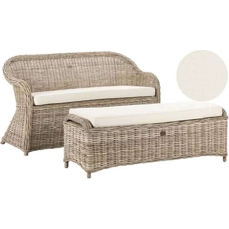 Beliani 'SUSUA' Gartensofa mit Ottomane, 2-Sitzer, Rattan natur, 141 x 69 x 86 cm – Bild 1