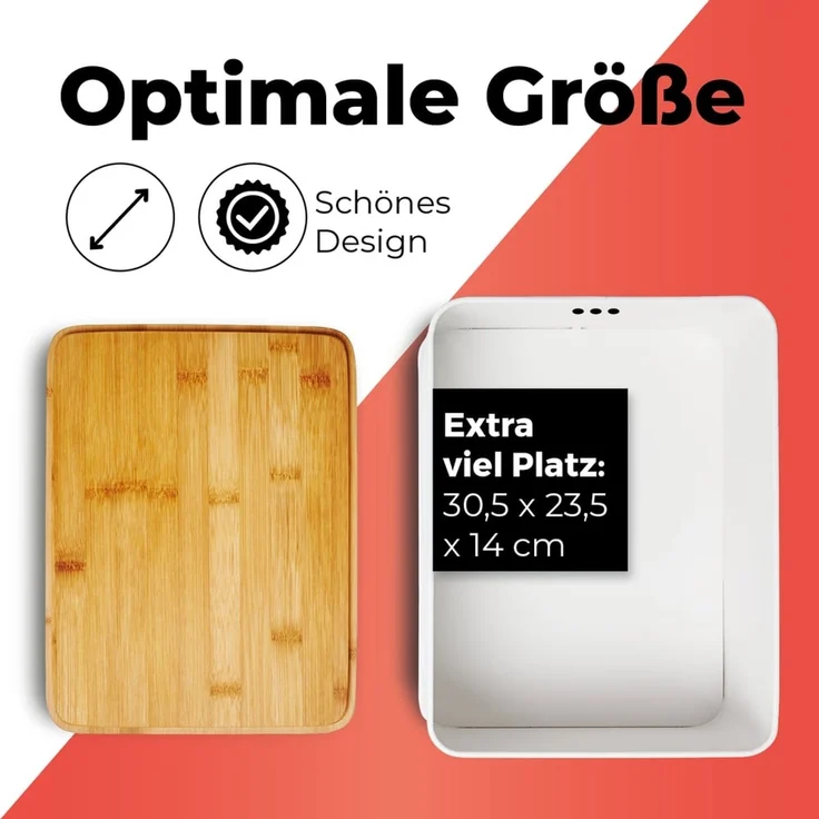 Lumaland Cuisine Brotkasten | Brotdose aus Metall mit Bambus Deckel | Brotbox rechteckig 30,5 x 23,5 x 14 cm | 2in1 Brotbehälter & Schneidebrett [Weiß] – Bild 4