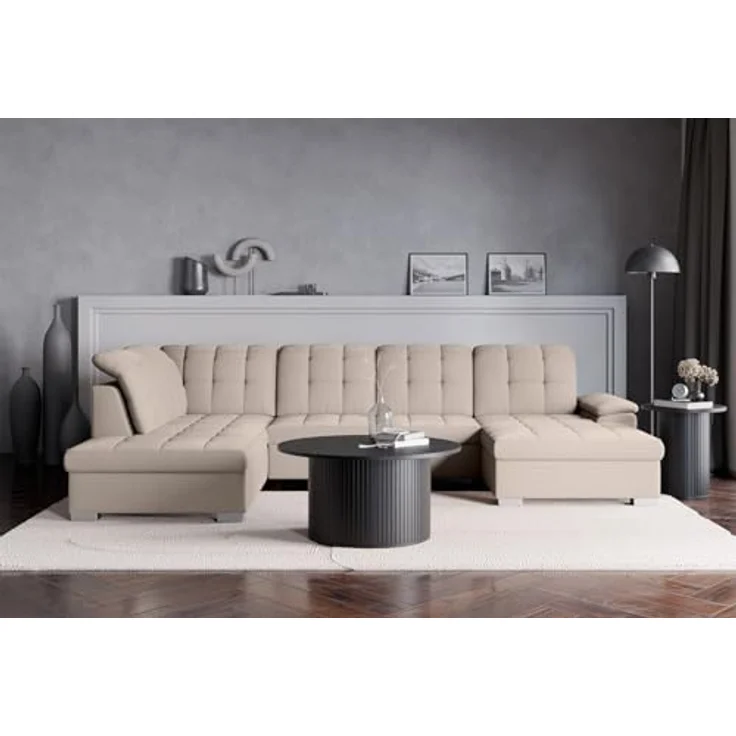 Selsey Ecksofa 330 x 212 cm U-Form Beige Modular Couch Sofa Mit Schlaffunktion Ottomane Sofa Mit Stauraum/Bettkasten verstellbare Kopfstützen Wasserabweisend, Abriebfest Rechtse Seite – Bild 2