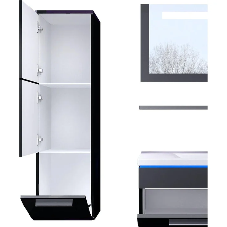 Homeline Badmöbel Set Doppelwaschbecken Waschbecken Spiegel und Ablage Vormontiert Badezimmermöbel LED Hochglanz lackiert Homeline1 Schwarz 120 cm 2 Hängeschränke – Bild 7