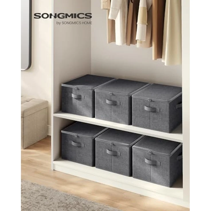 SONGMICS Aufbewahrungsbox mit Deckel, 3er Set, faltbare Stoffbox mit Griffen, Aufbewahrung für Kleidung, 40 x 30 x 25 cm, Vliesstoff, schiefergrau – Bild 3