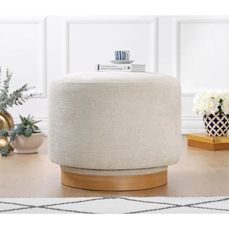 Atelier Del Sofa Stylish Cream Pouffe, 55 x 55 x 43 cm | 100% Cotton, 6 cm Medium Hard Sponge, Oak Wood Legs, 360° Rotatable | Perfect for Modern Living Spaces