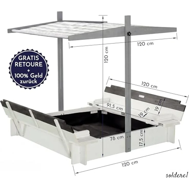WONDERMAKE Sandkasten quadratisch 120x120 cm mit Abdeckung, Dach, Deckel, Sitzbank und Bodenbank, Holz, grau schwarz, UV-Schutz – Bild 5