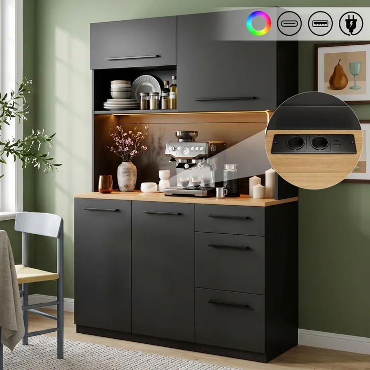 Buffetschränke, Esszimmer-Hochschrank 120×40×180 cm, mehrstufigem Stauraum, integrierter Steckdose sowie USB-C- und USB-A-Anschlüssen,Mit farbigem Lichtstreifen, Schwarz