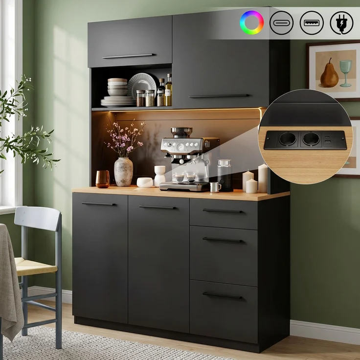 Buffetschränke, Esszimmer-Hochschrank 120×40×180 cm, mehrstufigem Stauraum, integrierter Steckdose sowie USB-C- und USB-A-Anschlüssen,Mit farbigem Lichtstreifen, Schwarz – Bild 1