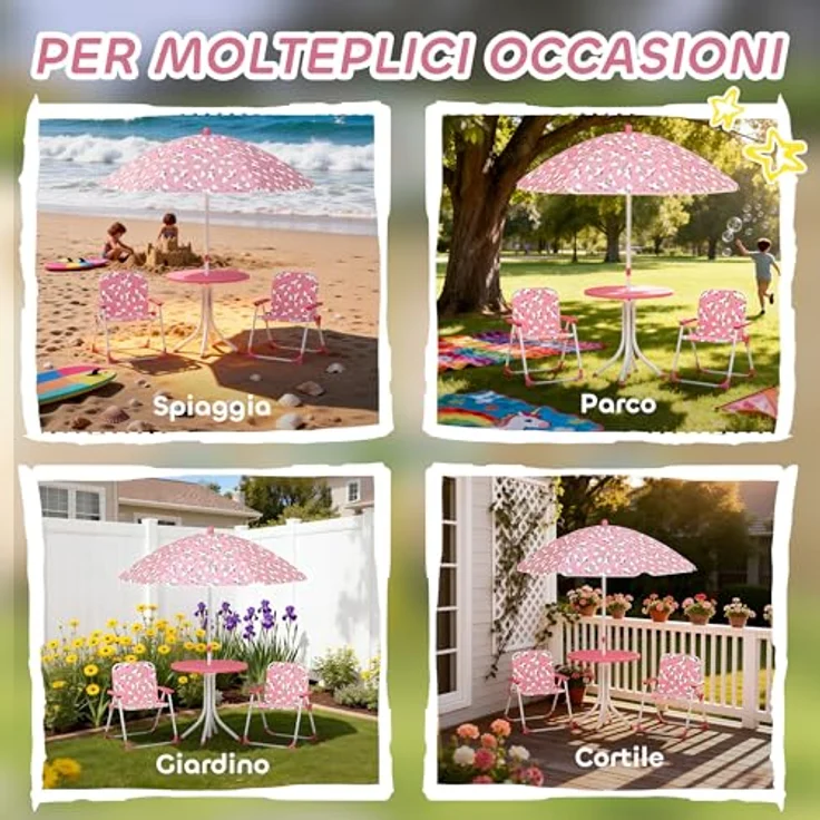 AIYAPLAY Garten-Kindersitzgruppe mit abnehmbarem Sonnenschirm, (Kindertisch mit 2 Klappstühlen, 4-tlg, Kindersitzgarnitur), für Kinder 2-5 Jahre, für Garten, Hinterhof, Terrasse, Rosa – Bild 7