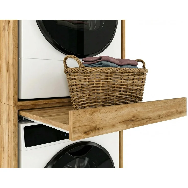 TREND WERK Waschmaschinenumbauschrank 66×64×184 cm - für Waschmaschine & Trockner übereinander (Waschraum Möbel Schrank für Waschküche mit Stauraum) Waschturm für Waschmaschine & Trockner mit Ausziehbrett & Hochschrank – Bild 3