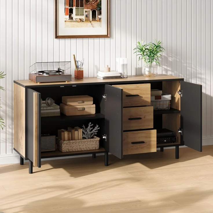 Merax Sideboard 140 x 35 x 70 cm aus MDF, Kommode mit 3 Türen und 3 Schubladen, Beistellschrank, Schrank mit 6 stabilen Metallbeinen, Schwarz + Naturholzfarbe – Bild 3