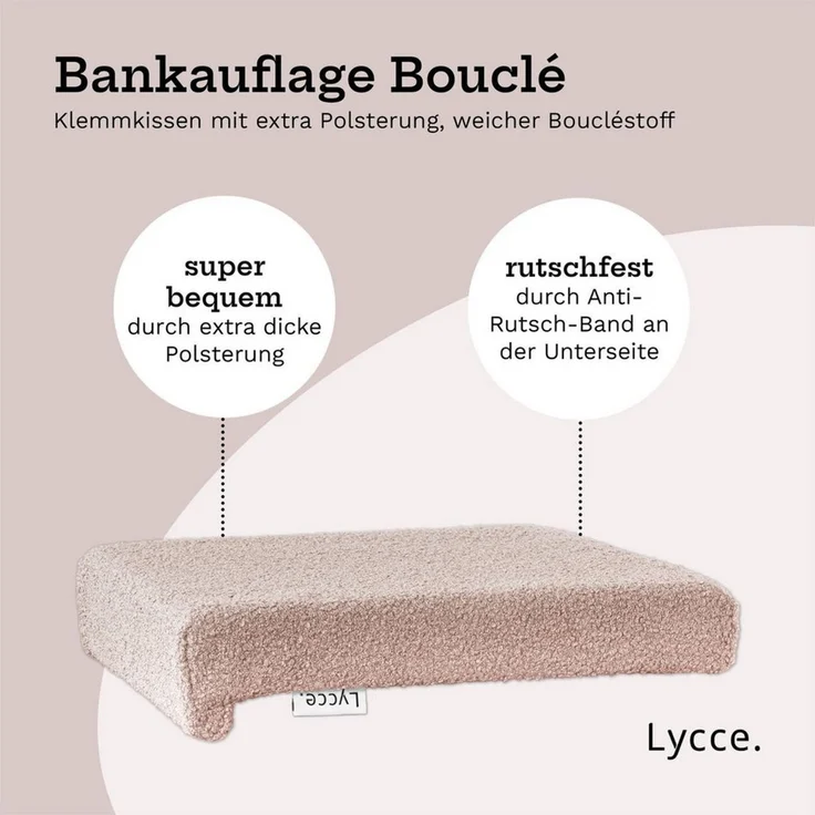 Lycce Bankauflage Bankauflage Klemmkissen 1 Leiste, Boucléstoff powder rosa, (1 St), für Banktiefe ab 35cm, verrutscht nicht, versch. Farben – Bild 3