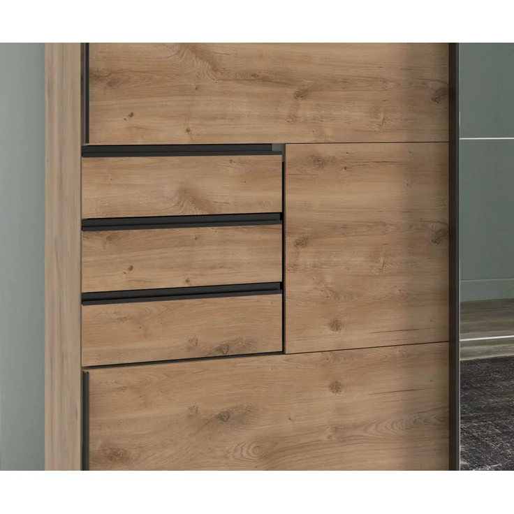 Schwebetürenschrank Kleiderschrank 3trg 270cm Eiche Dekor Spiegel u. Schubkästen – Bild 4