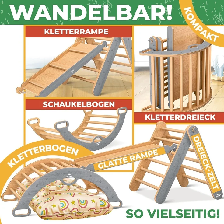 KIDIZ® Klettergerüst Montessori 7in1 Spiel-Set mit Kletterbogen Rutsche Kletterdreieck aus Holz inklusive Kissen, Tafel & Lern-Uhr | Indoor Spielplatz für Kleinkinder ab 1 Jahr & Kinder bis 3 Jahre Grau / Hellbraun – Bild 4