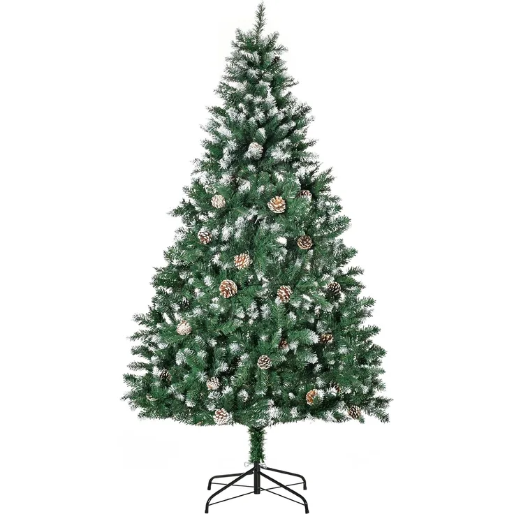 HOMCOM Künstlicher Weihnachtsbaum mit 59 Zapfen, Schnee, 1111 Spitzen, Kieferbaum, Weihnachtsdeko inkl. Metallständer für drinnen