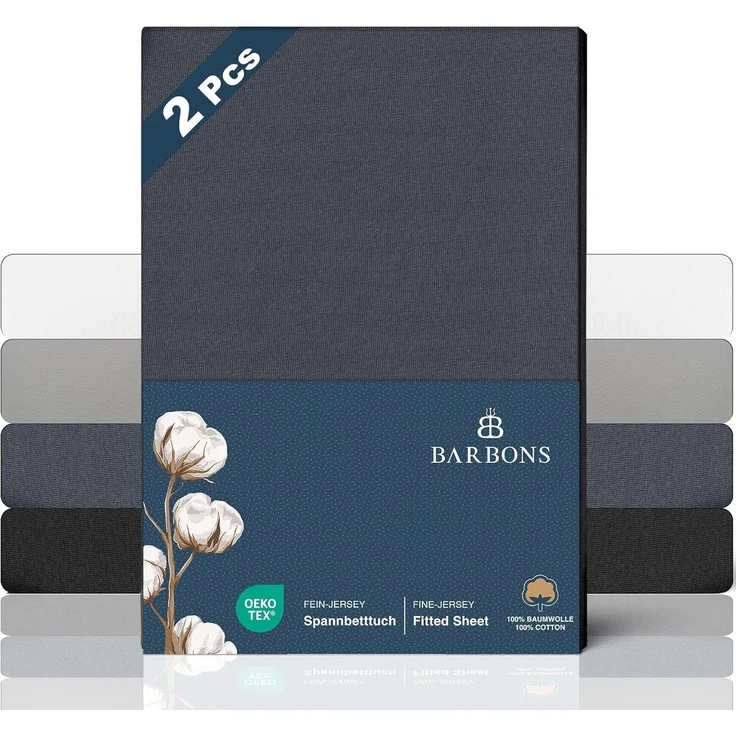 BARBONS Spannbettlaken 140x200 cm 2er - 100% Baumwolle Spannbetttuch Oeko-TEX Zertifiziert Bettlaken Jersey Bettbezug für Boxspringbett und Dicke Matratzen bis 27 cm - Dunkelgrau 140x200 2er – Bild 1