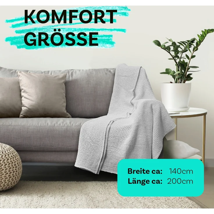 Sommerdecke Kuscheldecke Piqué Baumwolle/Polyester 140x200cm Hellgrau – Bild 2
