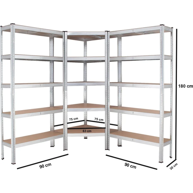 Regalsystem 3-teilig - 1x Eckregal 180x75x75x30x30 cm & 2x Lagerregal 180x90x30 cm 2625 kg – Bild 2