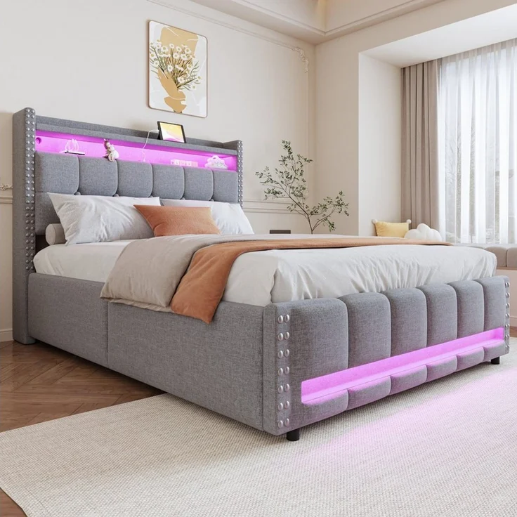 HAUSS SPOLE Polsterbett 140x200 cm mit Matratze Komfortbett, LED-Beleuchtung & USB-Steckdose – Bild 5