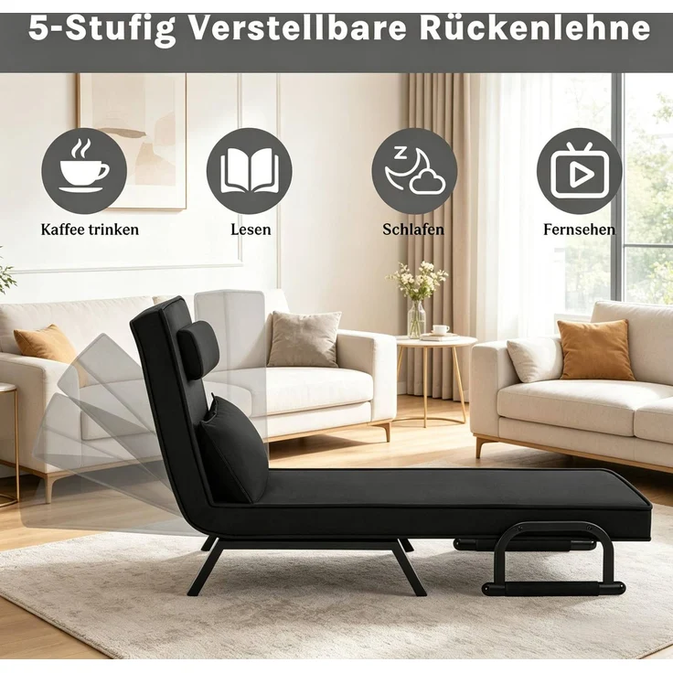 3-in-1 Schlafstuhl mit verstellbarer Rückenlehne, Sesselbett, 65 x 75 x 78 cm, Schwarz – Bild 7