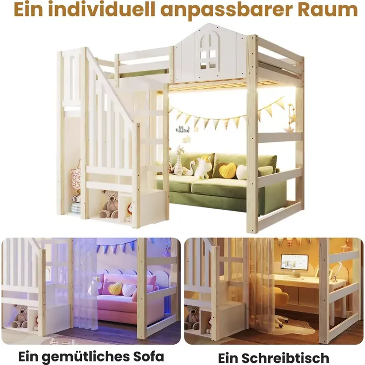 Hochbett mit LED-Beleuchtung, Lattenrost, Rausfallschutz, Treppe und Gardine, 140x200 cm, Kinderbett, Kiefer – Bild 4
