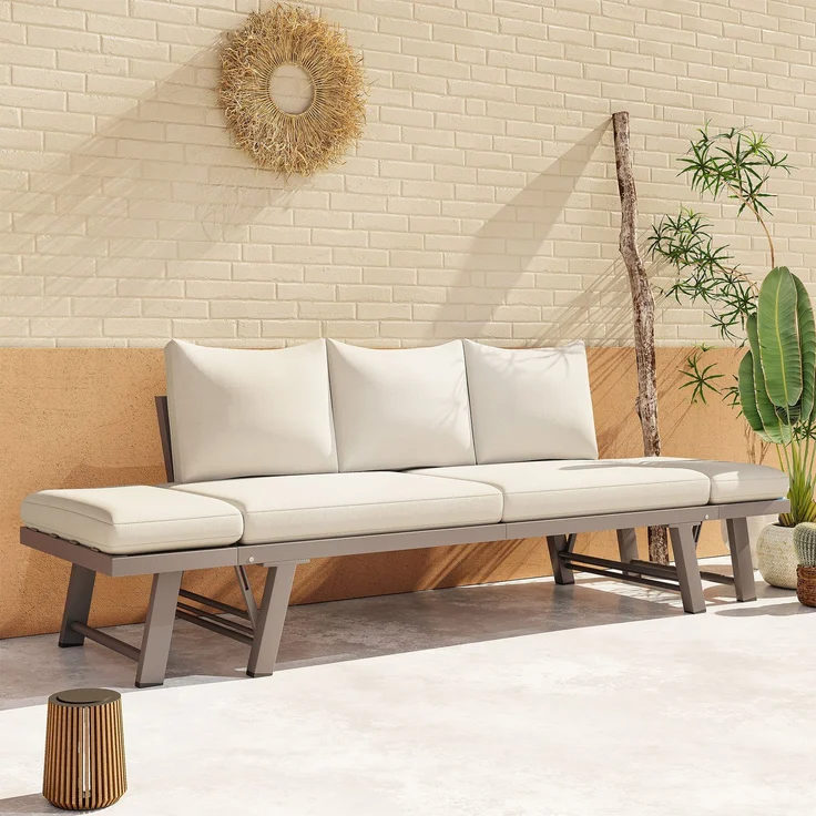 Merax Gartenmöbel-Set, Outdoorsofa, 3-Sitzer-Sofa, Gartensofa mit Liegefunktion, Sonnenliege Gartenliege mit Auflagen und klappbaren Armlehne, Gartencouch, Beige – Bild 2