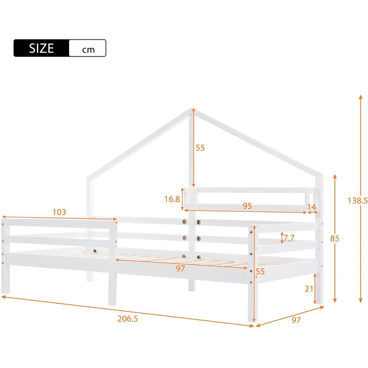 Bett 90x200 cm Hausbett aus Kiefernholz mit Regal – skandinavischer Stil – Bild 10
