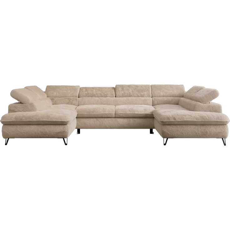 Ecksofa U-Form, mit Bettkasten, Bettfunktion und Einstellbare Kopfstützen, Sofa big XXL - PETER U - Beige Plüsch – Bild 7