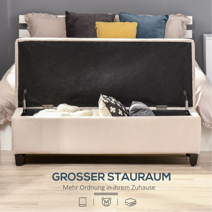HOMCOM Sitzbank mit Deckel, Leinenoptik, Truhenbank, Aufbewahrungsbank (Bettbank, 1-St, Polsterbank), für Wohnzimmer, Beige – Bild 3